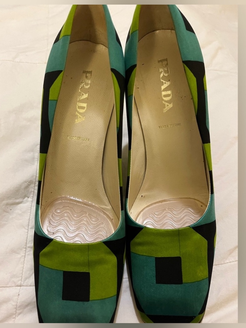 Prada Green Teal Geometric Square-Print Heels